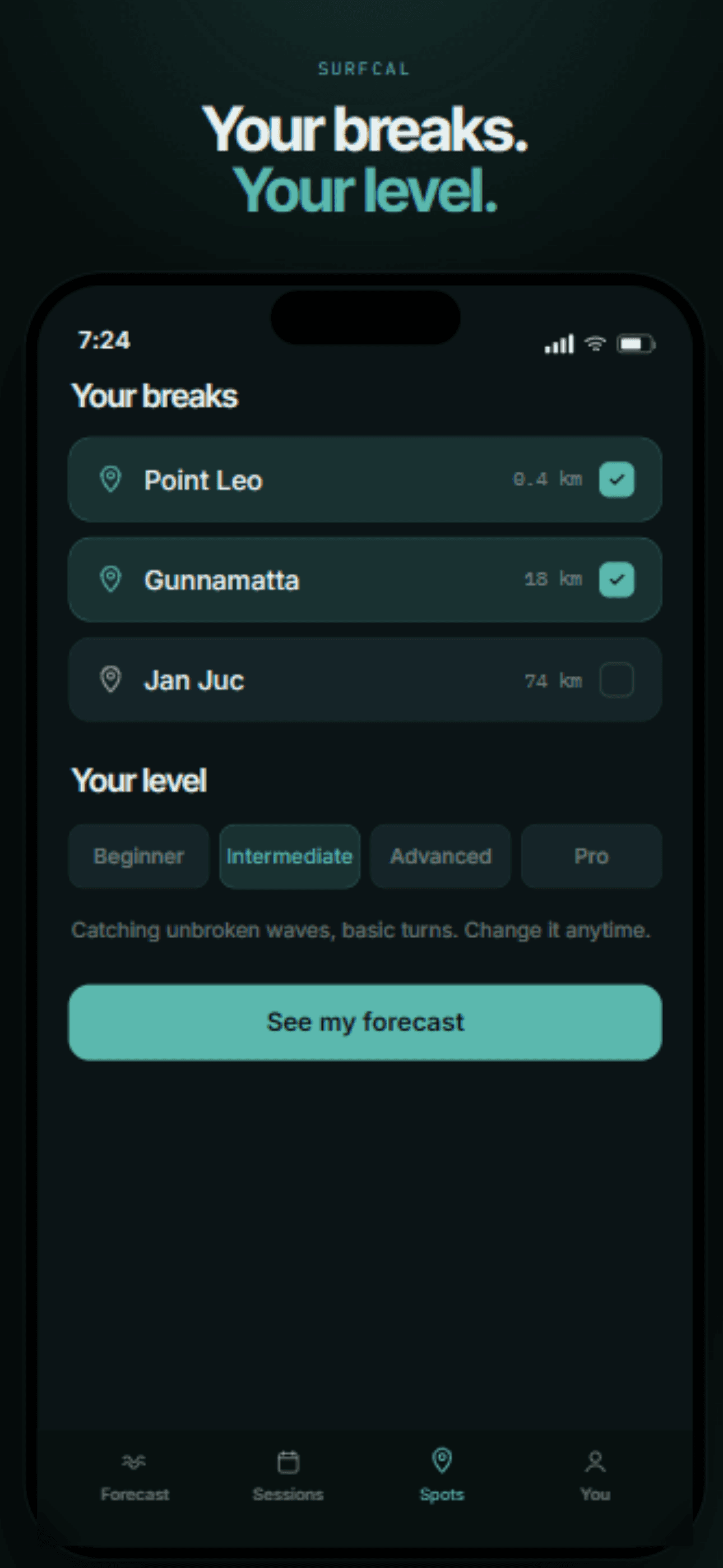 SurfCal.app — pick your local breaks and skill level to get a personalised surf forecast